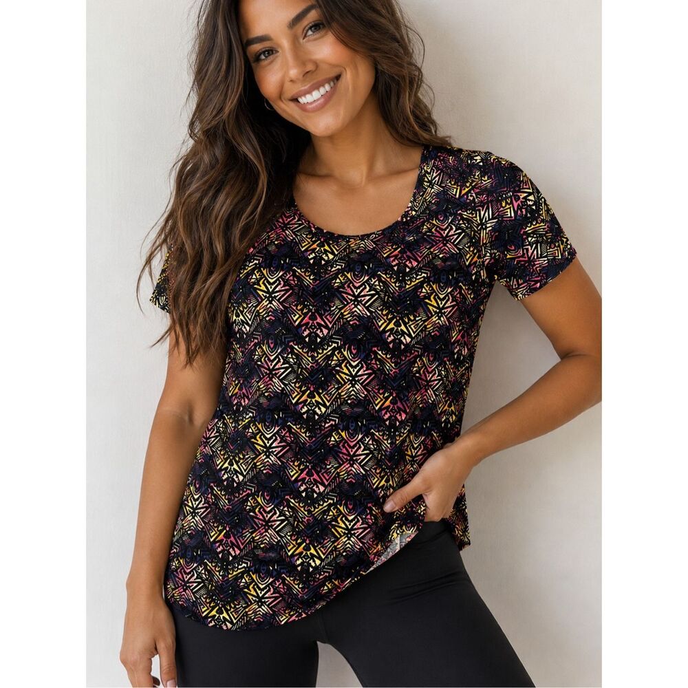 LuLaRoe Classic Tee XS Geometric Tribal Print Black Pink Yellow Stretch Top